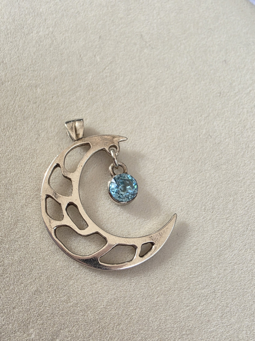 Artisan Sterling Silver Crescent Moon Openwork Pendant Blue Topaz Accent • 3.92g